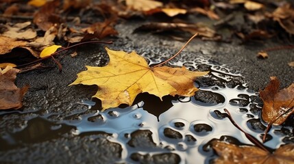 Maple yellowing leaves lick in water and on wet ground after rain. Autumn concept.