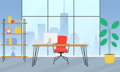 Office interior background. Modern office room inside with desk, computer and window. Vector illustration.