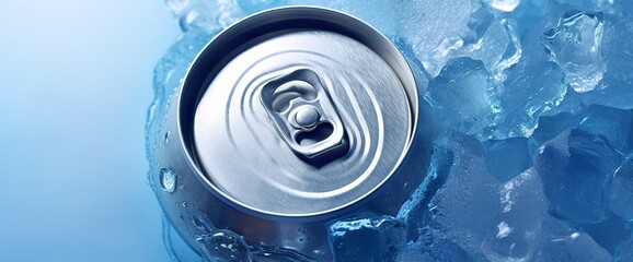 Top of drink tin can iced submerged in frost ice, metal aluminum beverage.