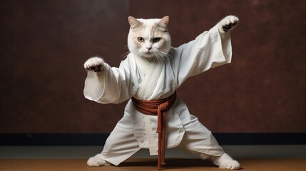 Funny cat in white kimono exercising yoga or Asian martial arts. Legs wide stance, paws in air. Banner with copy space on side