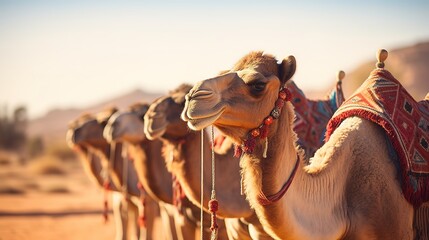 Group of camels, seats ready for tourists, walking in AlUla desert on a bright sunny day, closeup detail