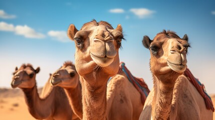 Group of camels, seats ready for tourists, walking in AlUla desert on a bright sunny day, closeup detail