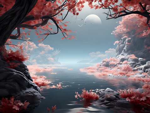 colorful landscape on the river, trees and flovers