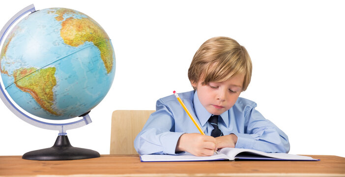 Digital png photo of caucasian schoolboy writing on transparent background