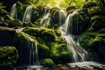 Waterfall landscape with rocks covered in green moss.