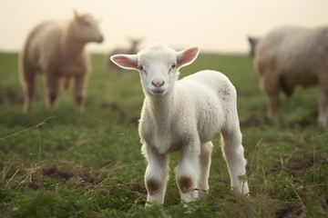 White lamb in a field in front of other animals.