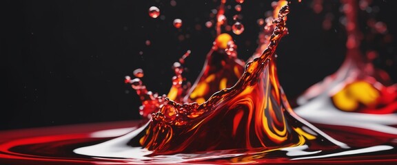 glowing red water drops. Coloring water splash. black background, white shiny light generated AI.