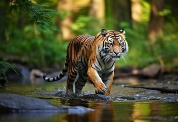 Naklejka premium Amur tiger walking in the water. Dangerous animal. Animal in a green forest stream.