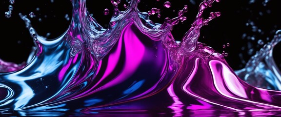 glowing blue purple water drops. Coloring water splash black background, white light. Generated AI.