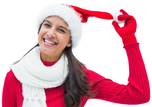 Digital png photo of biracial woman with santa claus hat on transparent background - Powered by Adobe