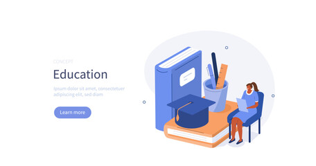 Education concept. Student study with books, prepare to exam, do homework. Vector illustration.