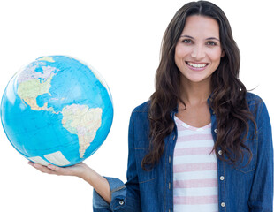 Digital png photo of happy biracial woman with globe on transparent background