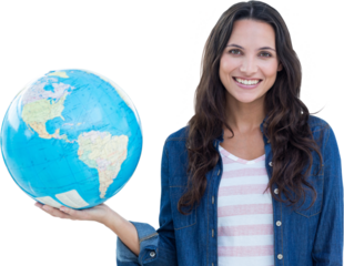 Digital png photo of happy biracial woman with globe on transparent background