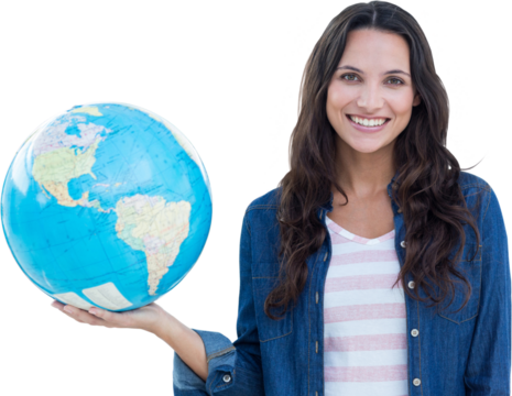 Digital png photo of happy biracial woman with globe on transparent background - Powered by Adobe