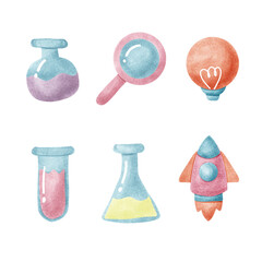 Science education concept. Watercolor of magnifying glass, rocket, light bulb, chemistry glass, and tube on white background.