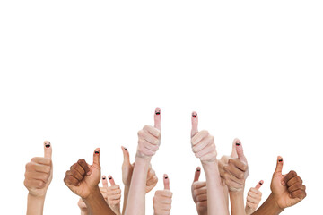 Digital png photo of diverse hand showing thumbs up on transparent background