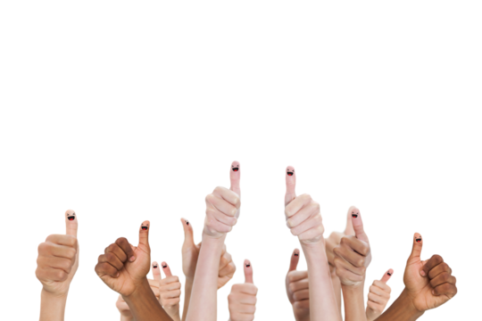 Digital png photo of diverse hand showing thumbs up on transparent background