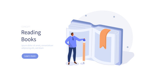 Education and knowledge concept. Student with pencil looking at open book, reading, preparing to exam or doing homework. Vector illustration.
