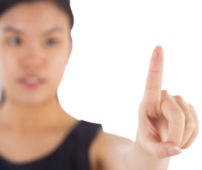 Digital png photo of asian businesswoman pointing on transparent background