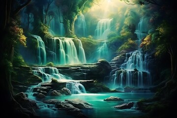 Naklejka premium Beautiful waterfall in deep forest. Nature background. Digital painting.