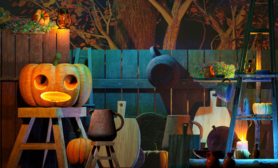 Halloween background with pumpkins and decoration in the garden. 3D render illustration.