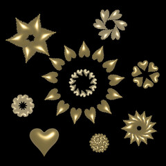 
illustration, 3d, flower created from hearts, radial pattern, jewel-like, gold, jewel, heart-based pattern, valentine's day,