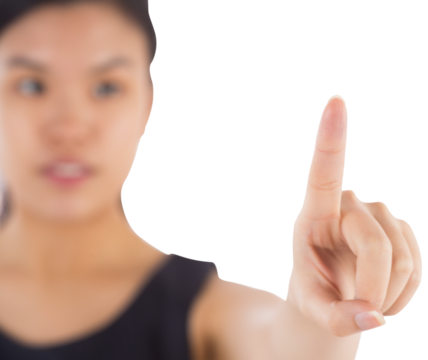 Digital png photo of asian businesswoman pointing on transparent background