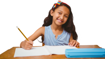 Digital png photo of happy biracial girl sitting and writing in notebook on transparent background