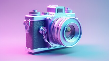 A vintage camera with iridescent purple and blue gradient colors. concept artwork. minimal surrealism of the summer.