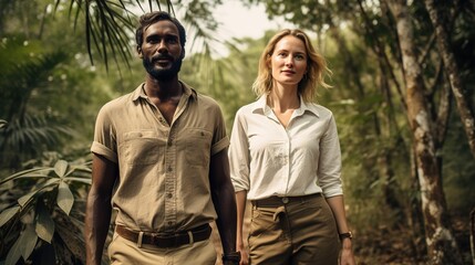 Man and woman in African forest, wearing shirts and trousers - couple on safari
