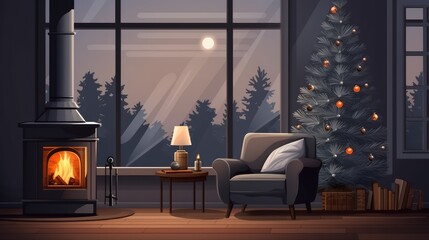 Illustration of a Christmas fireplace in the interior. New Year's atmosphere at home. Festive interior with Christmas tree.