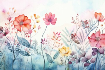 Watercolor floral illustration of a plant group with decorative design and painting on a nature-themed background. Generative AI