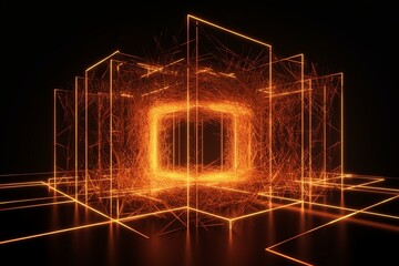 A futuristic geometric structure made of glowing orange and yellow lines representing high-tech connectivity. Generative AI