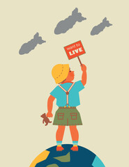 A boy with a placard that says 