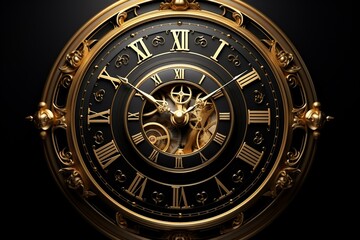 Fototapeta na wymiar Illustration of vintage clock on black background with golden abstract element. 3D design. Generative AI