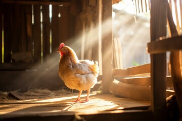 Side view of chicken in wooden shed with sunlight on ground. Generative AI