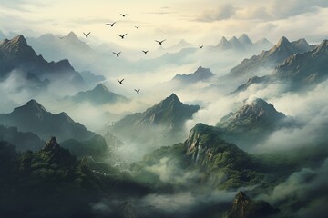 Aerial view of mountains with birds flying. Generative AI