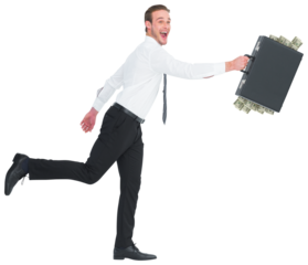 Digital png photo of happy caucasian businessman with suitcase with money on transparent background