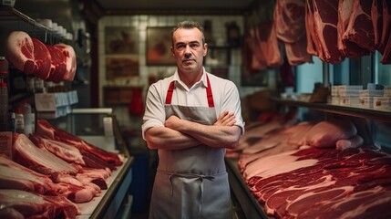 Fototapeta premium Young man standing in front of shelves with raw meat. Female butcher working in modern meathsop