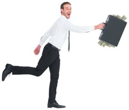 Digital png photo of happy caucasian businessman with suitcase with money on transparent background - Powered by Adobe