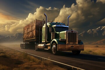 Truck hauling trailer for transport. Generative AI - obrazy, fototapety, plakaty