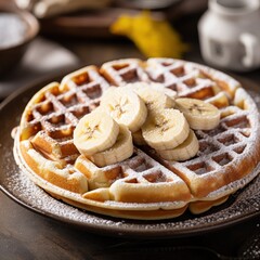 A single waffle with sliced bananas and a dusting of pow