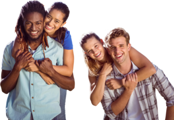 Digital png photo of two happy diverse couple embracing and laughing on transparent background