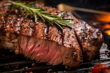 Grilled beef steaks with rosemary on the barbecue grill juicy steak with melted barbeque sauce on a black and blurry background