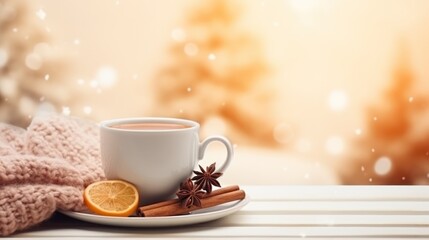 Obraz na płótnie Canvas cozy winter background with cup of cocoa with space for text