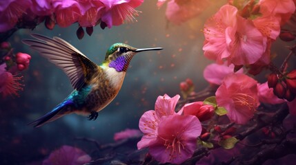 Gorgeous, colorful hummingbird with a bouquet of pink flowers