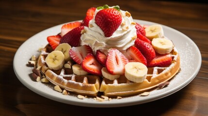 A mouthwatering waffle with sliced bananas strawberries