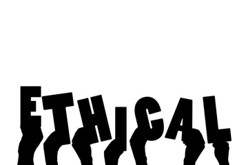Digital png illustration of hands and ethical text on transparent background