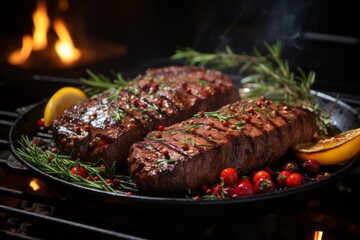 Grilled beef steaks with rosemary on the barbecue grill juicy steak with melted barbeque sauce on a black and blurry background