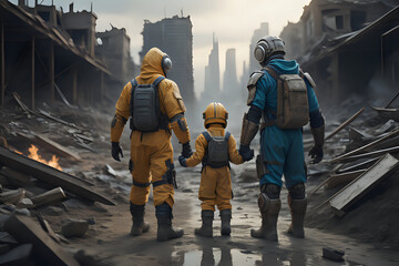 father and son holding hands together in apocalyptic world - obrazy, fototapety, plakaty